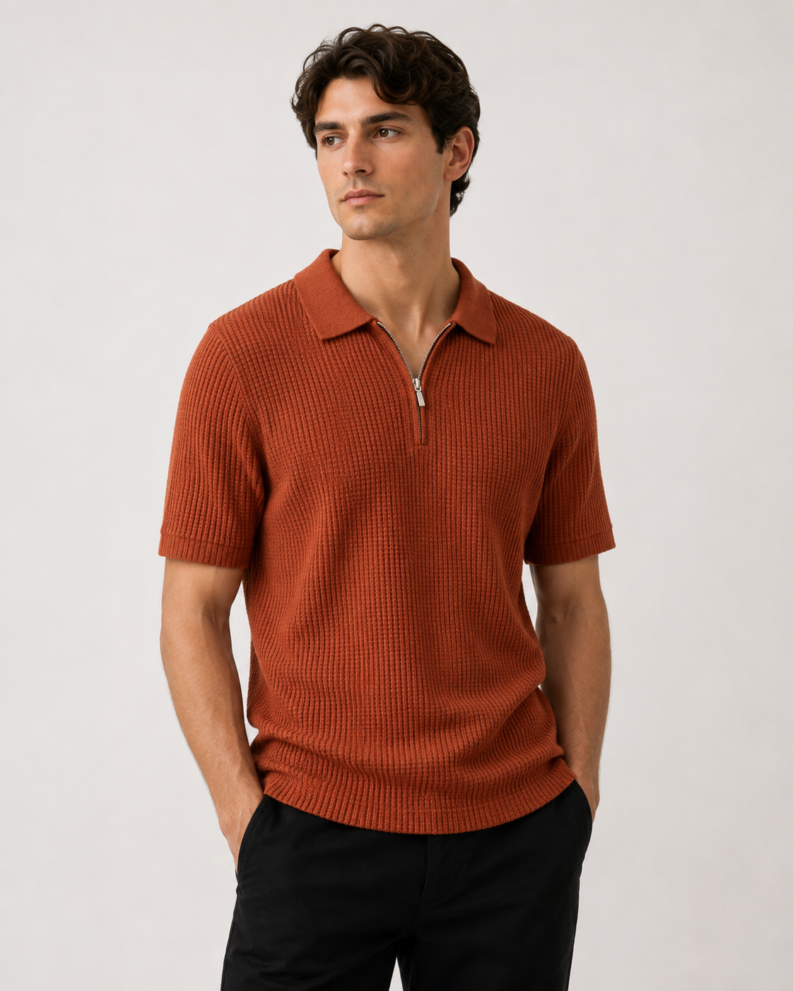 Textured Zip Polo - Rust