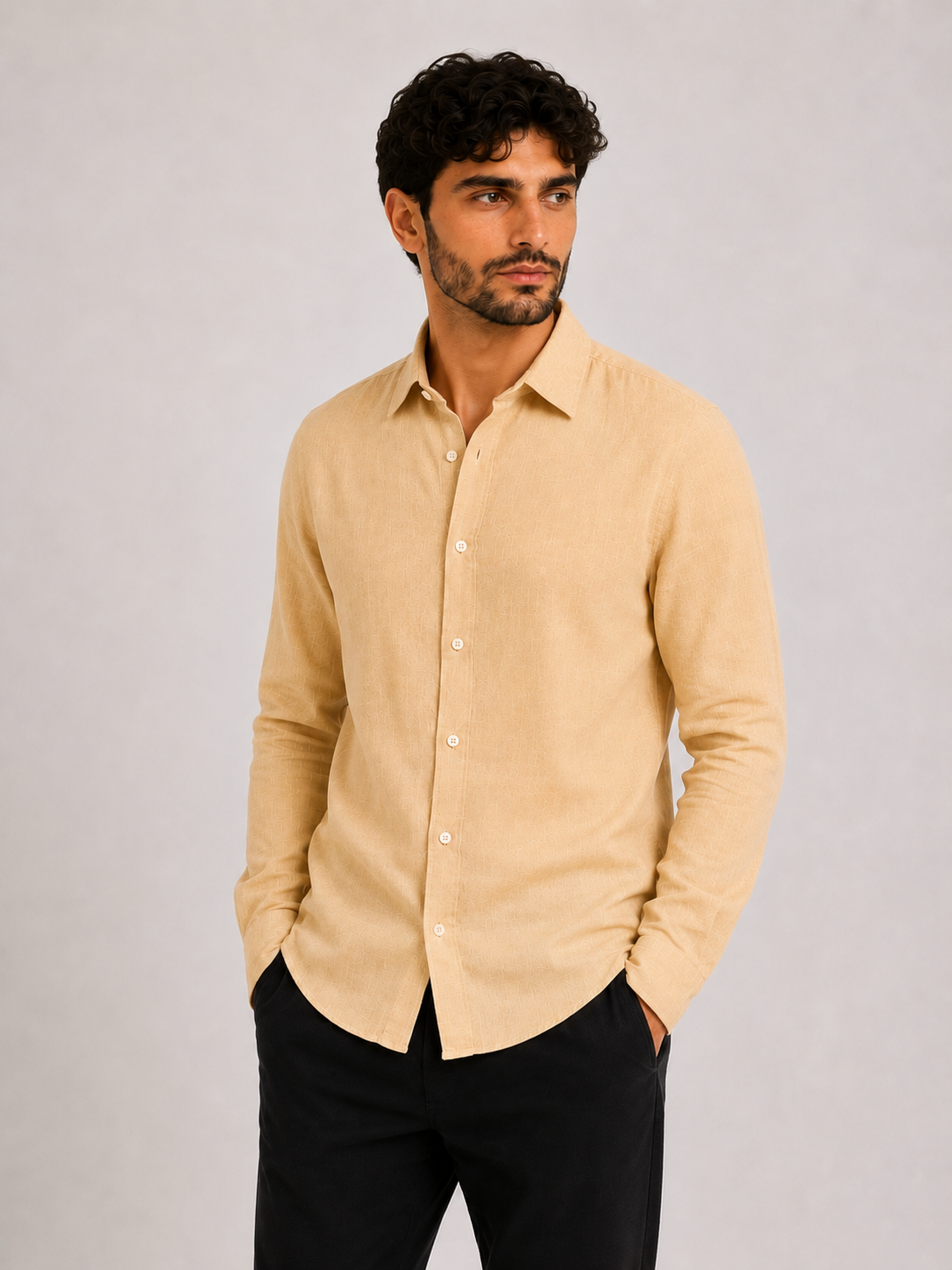 Textured Linen Button-Down Shirt - Beige
