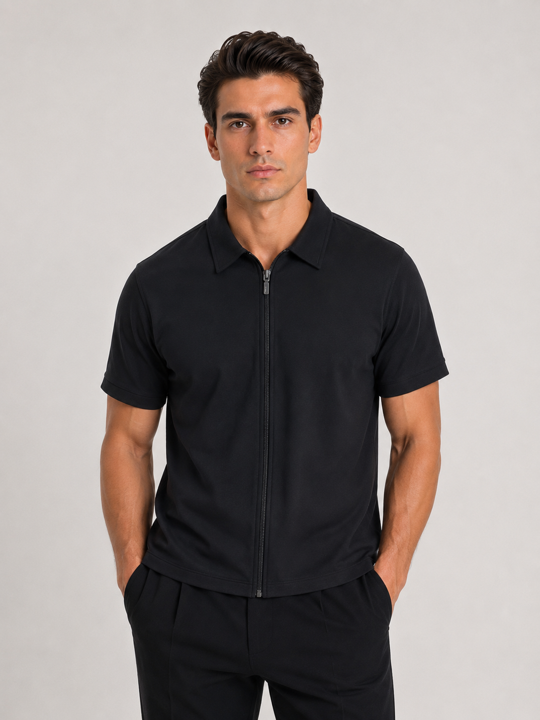 Interlock Zip Polo -  Black