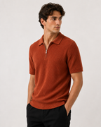 Textured Zip Polo - Rust