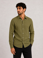 Textured Linen Button-Down Shirt - Olive