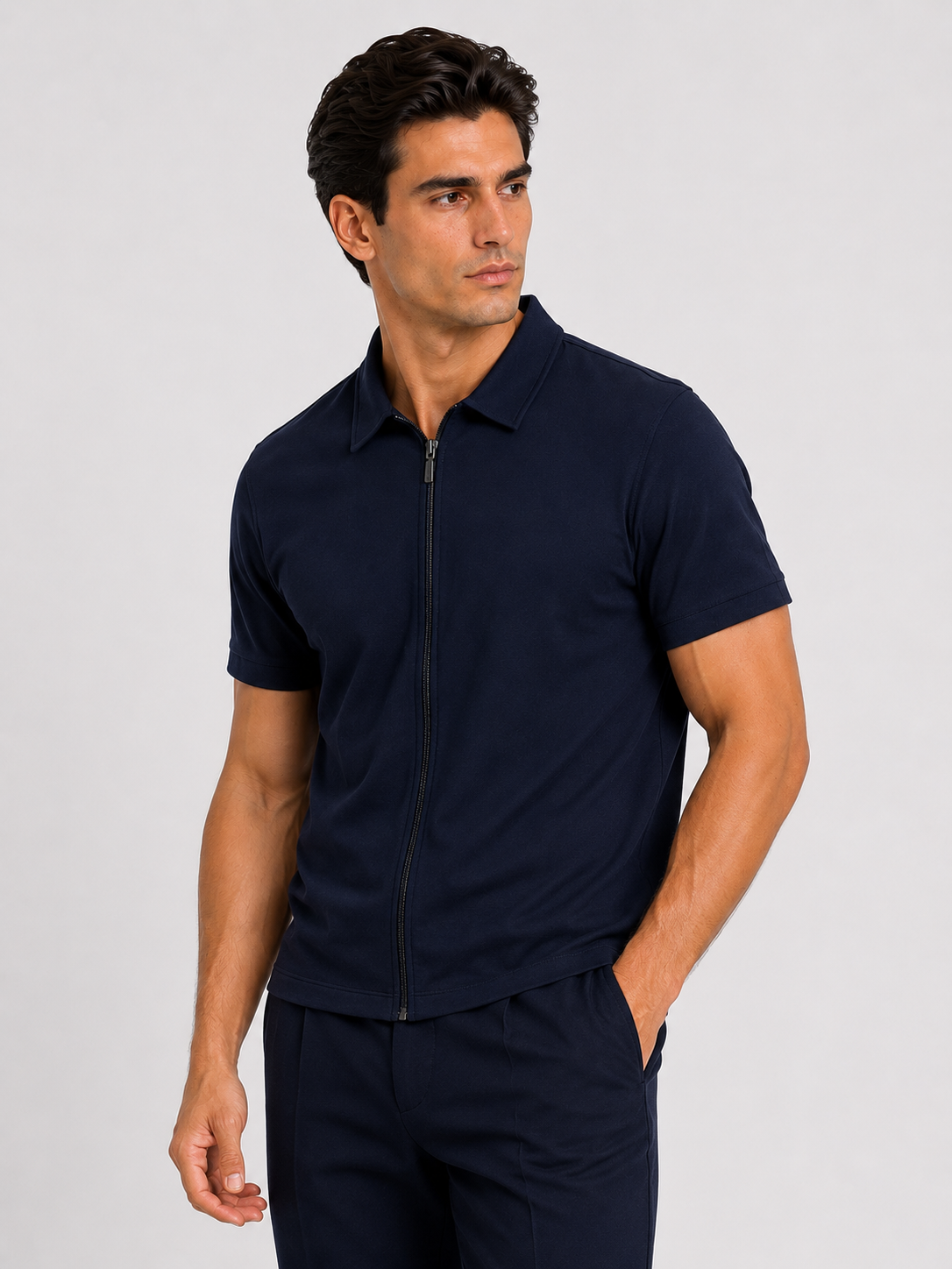 Interlock Zip Polo -  Navy