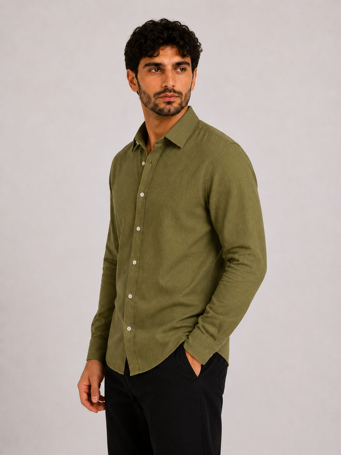 Textured Linen Button-Down Shirt - Olive