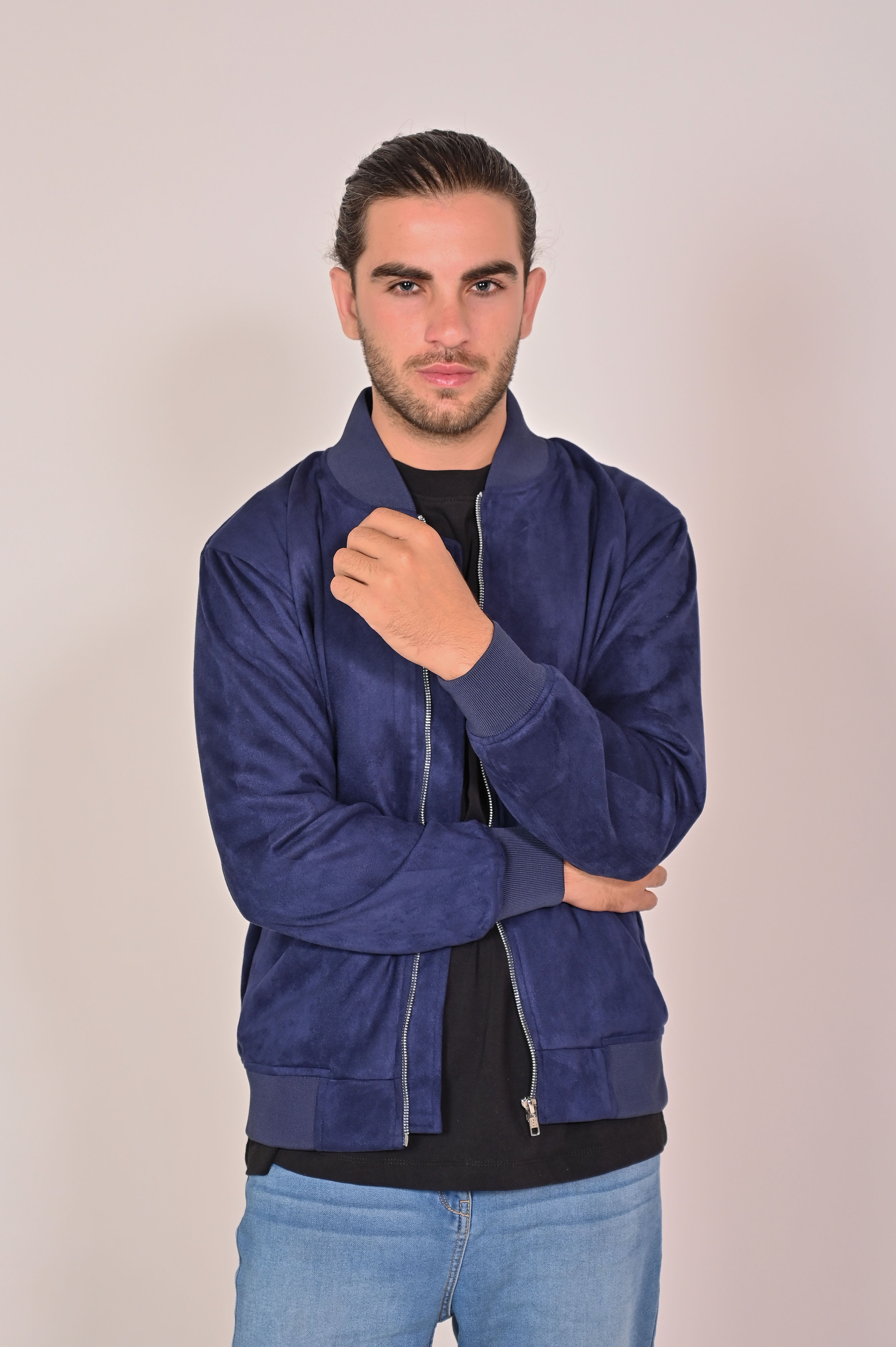 Blue Suede Bomber Jacket