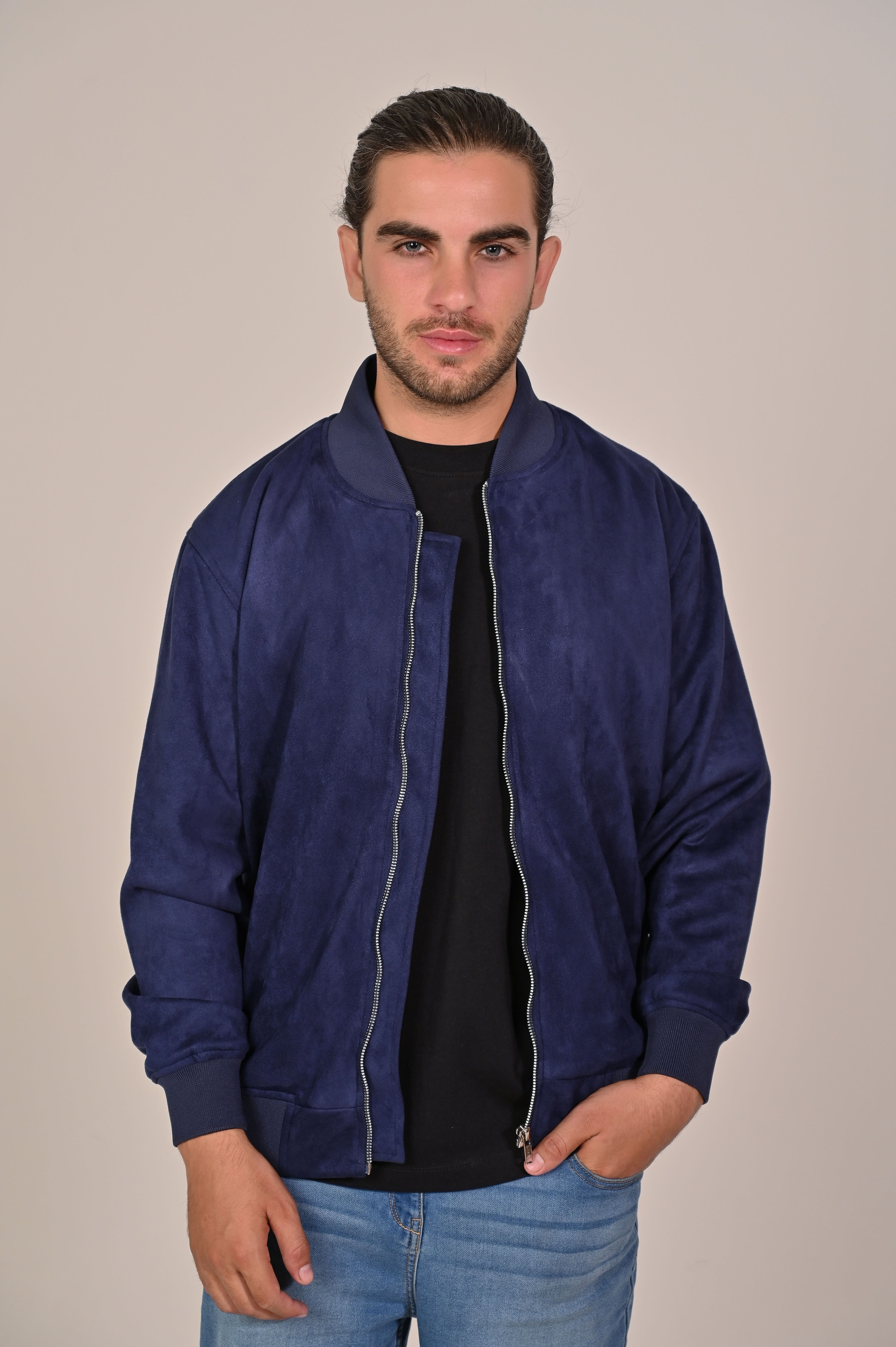 Blue Suede Bomber Jacket