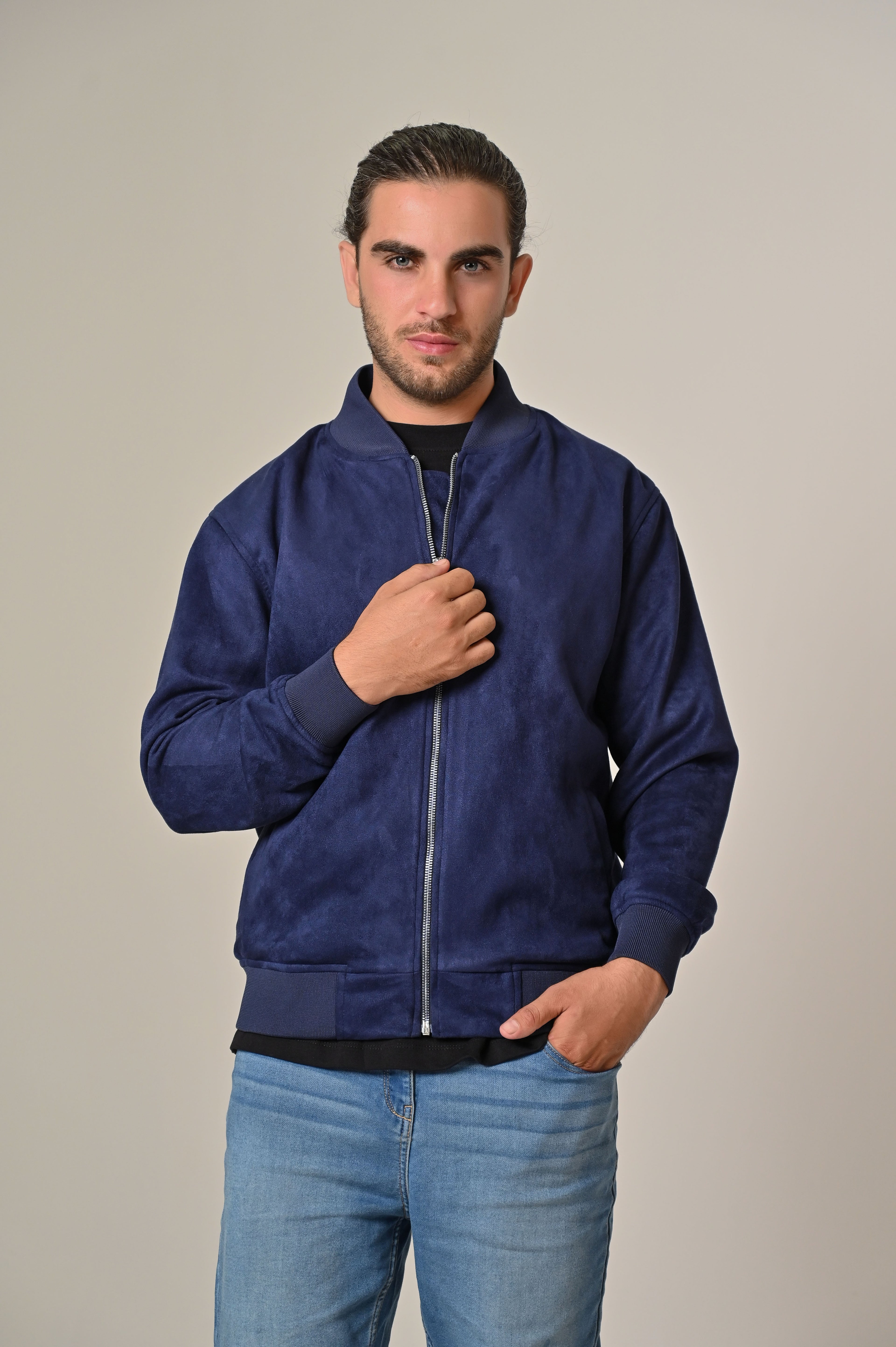 Blue Suede Bomber Jacket