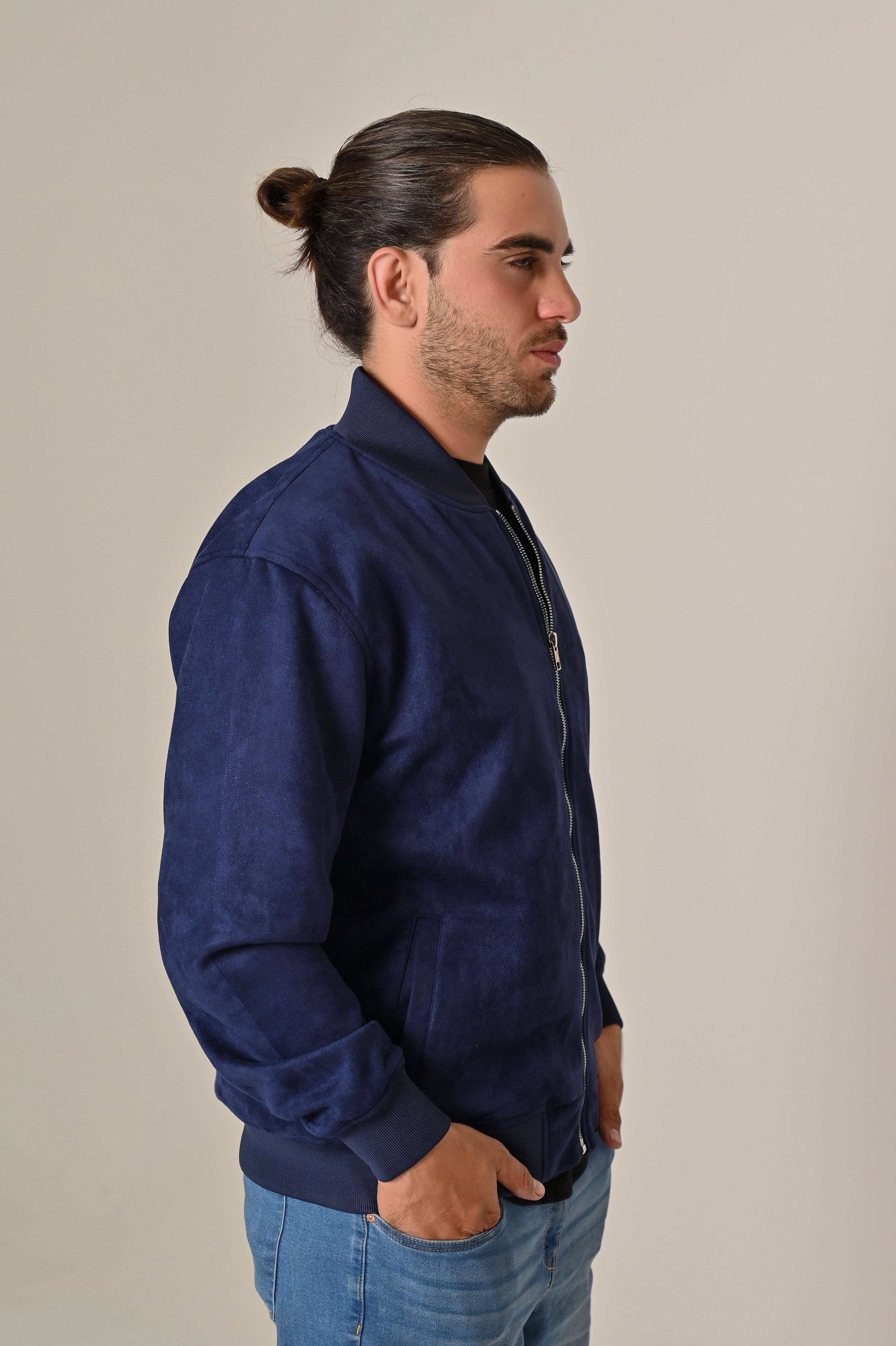 Blue Suede Bomber Jacket