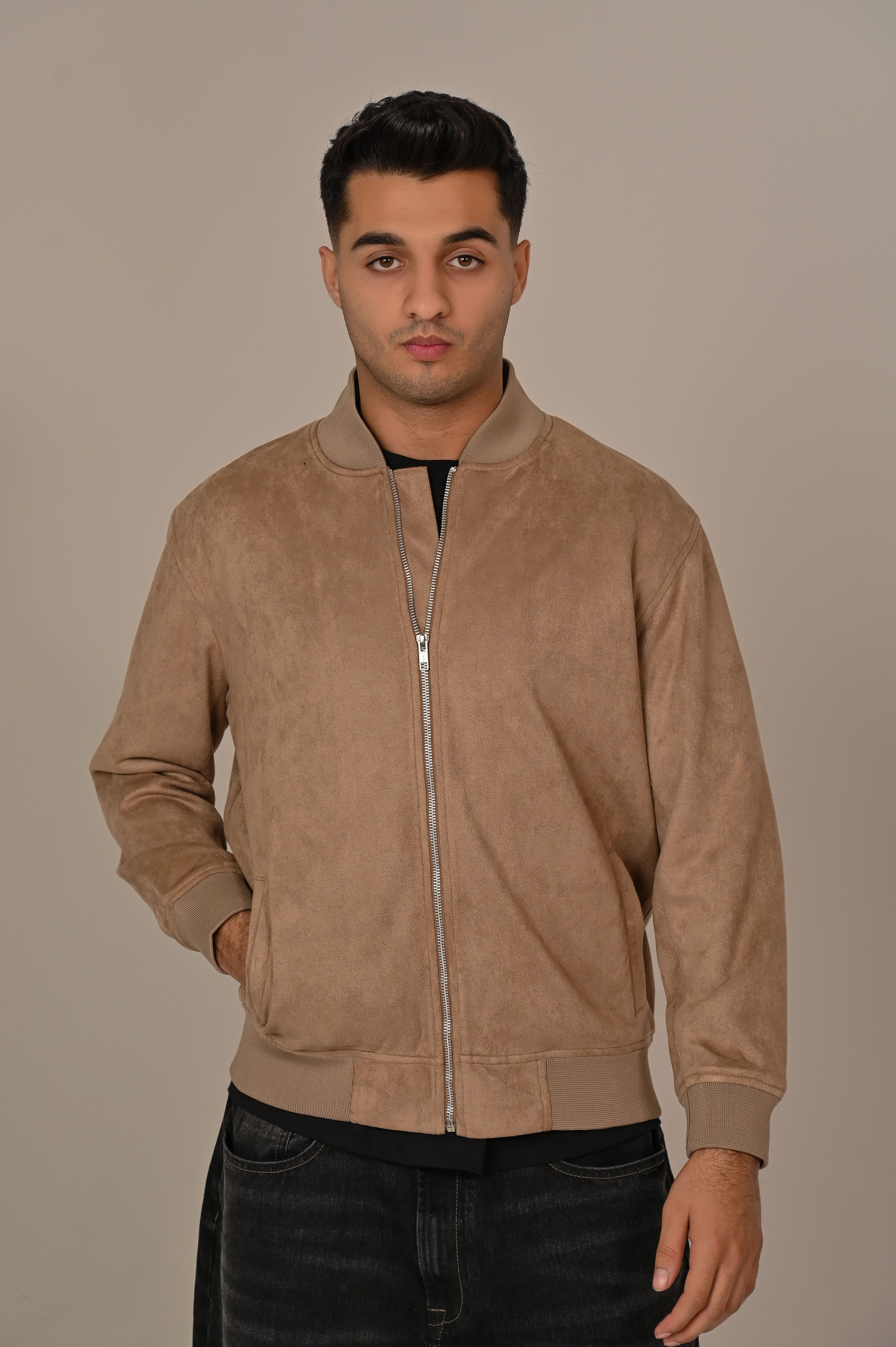 Blue Suede Bomber Jacket