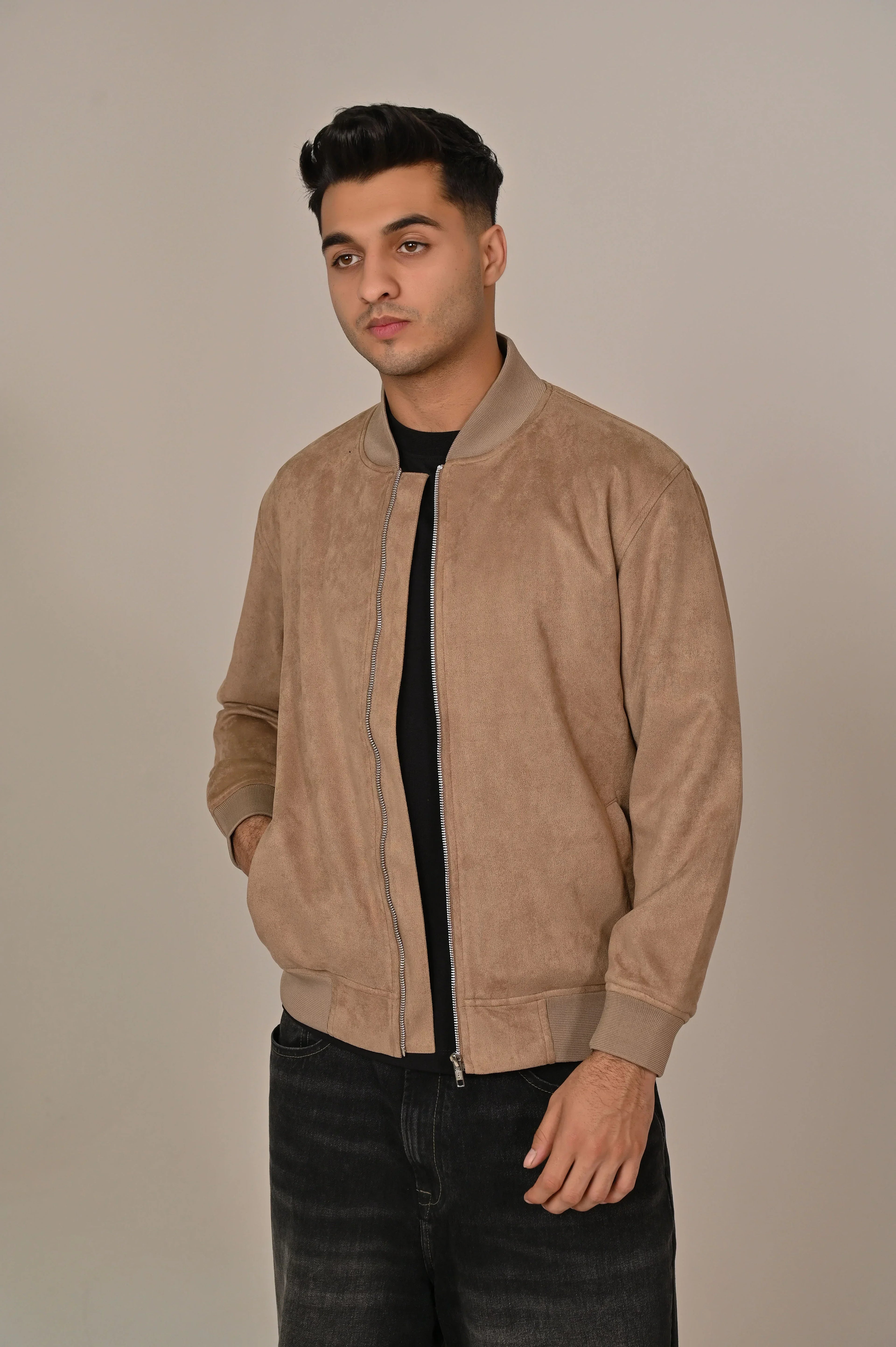 Khaki Suede Bomber Jacket - MAERIS
