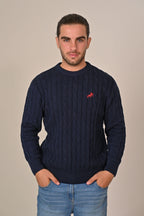 Navy Cable-Knit Crew Neck Sweater - MAERIS