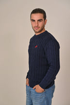 Navy Cable-Knit Crew Neck Sweater - MAERIS