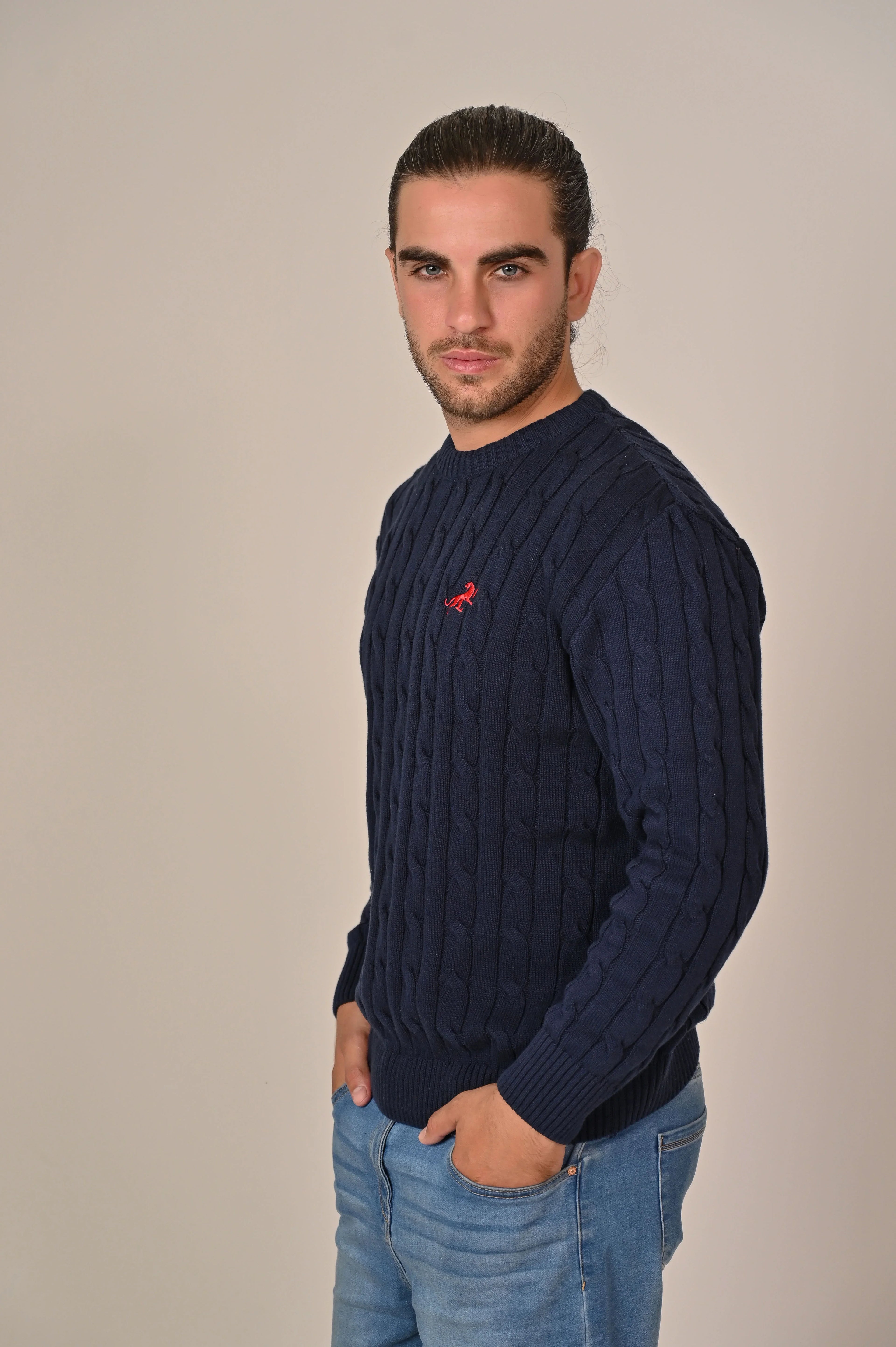 Navy Cable-Knit Crew Neck Sweater - MAERIS