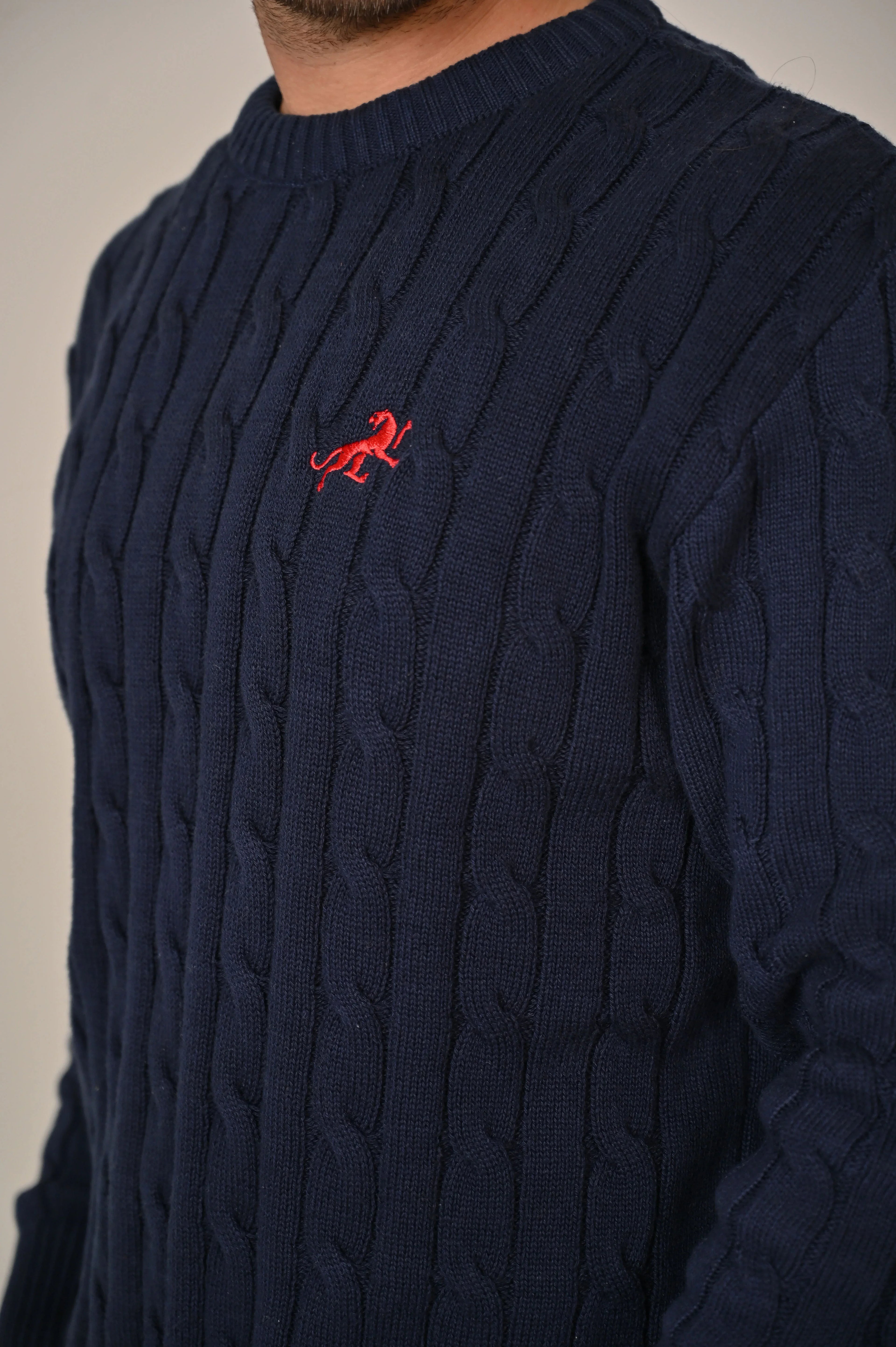 Navy Cable-Knit Crew Neck Sweater - MAERIS