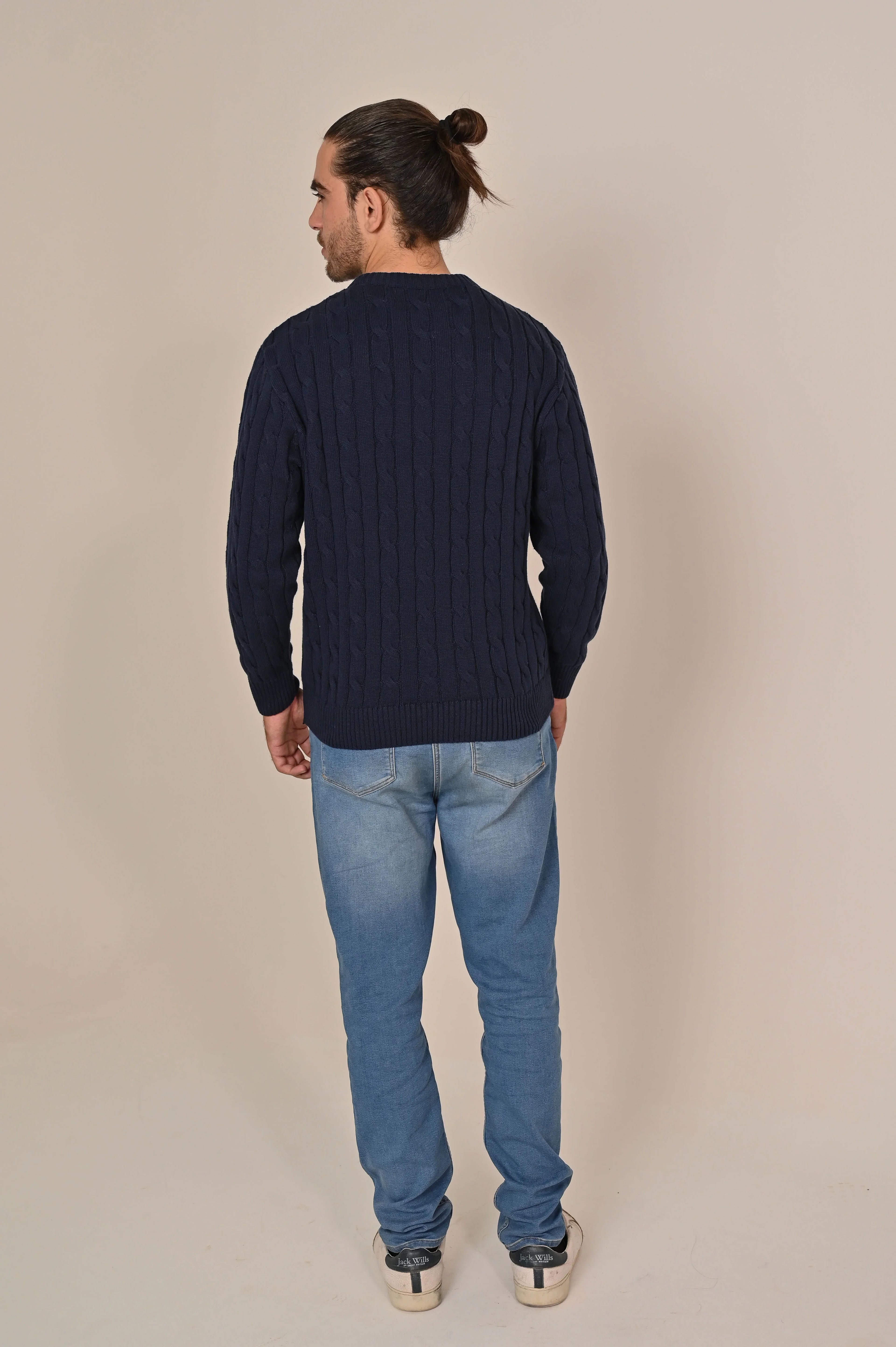 Navy Cable-Knit Crew Neck Sweater - MAERIS