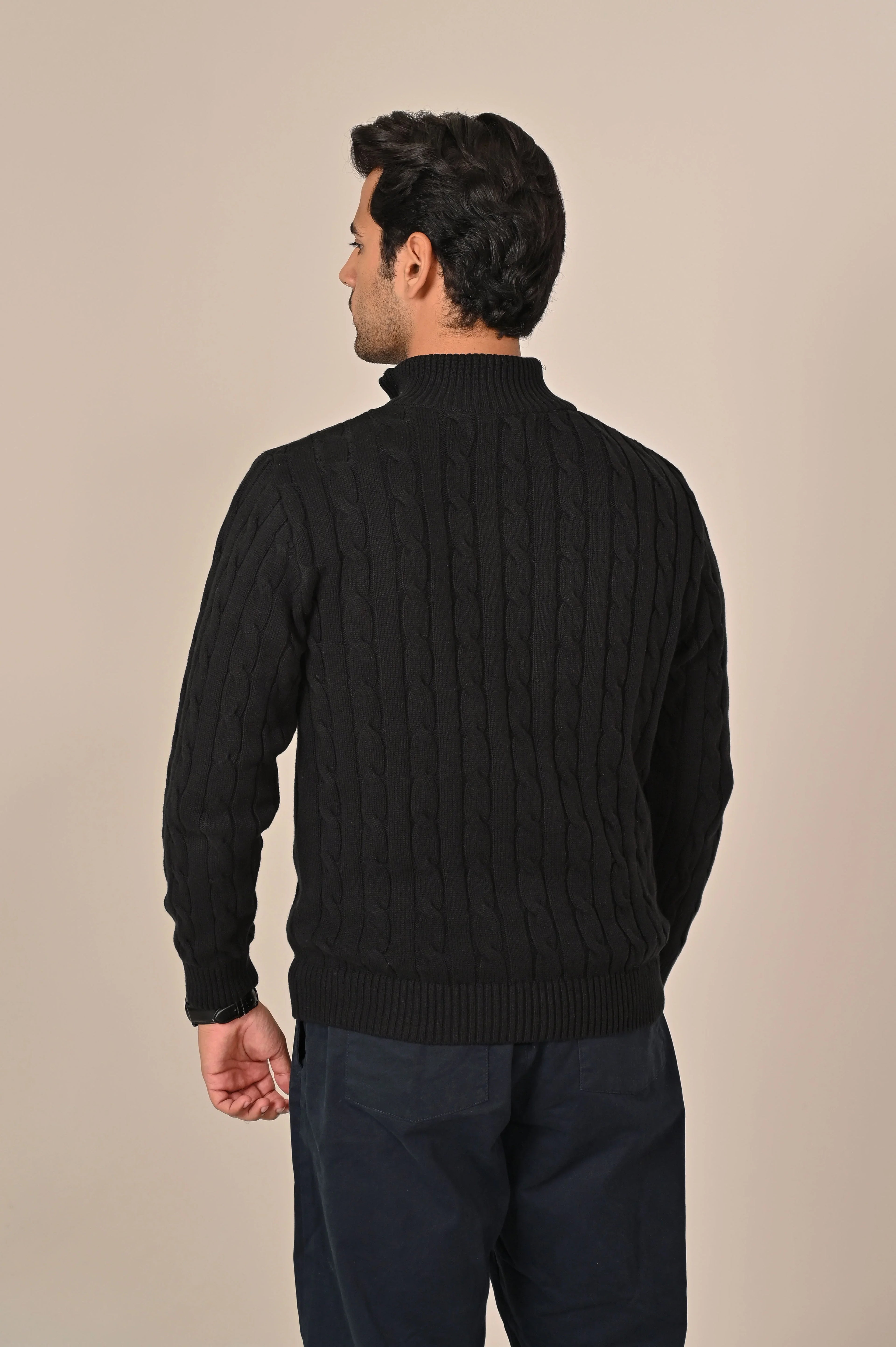 Black Cable-Knit Quarter-Zip Sweater - MAERIS
