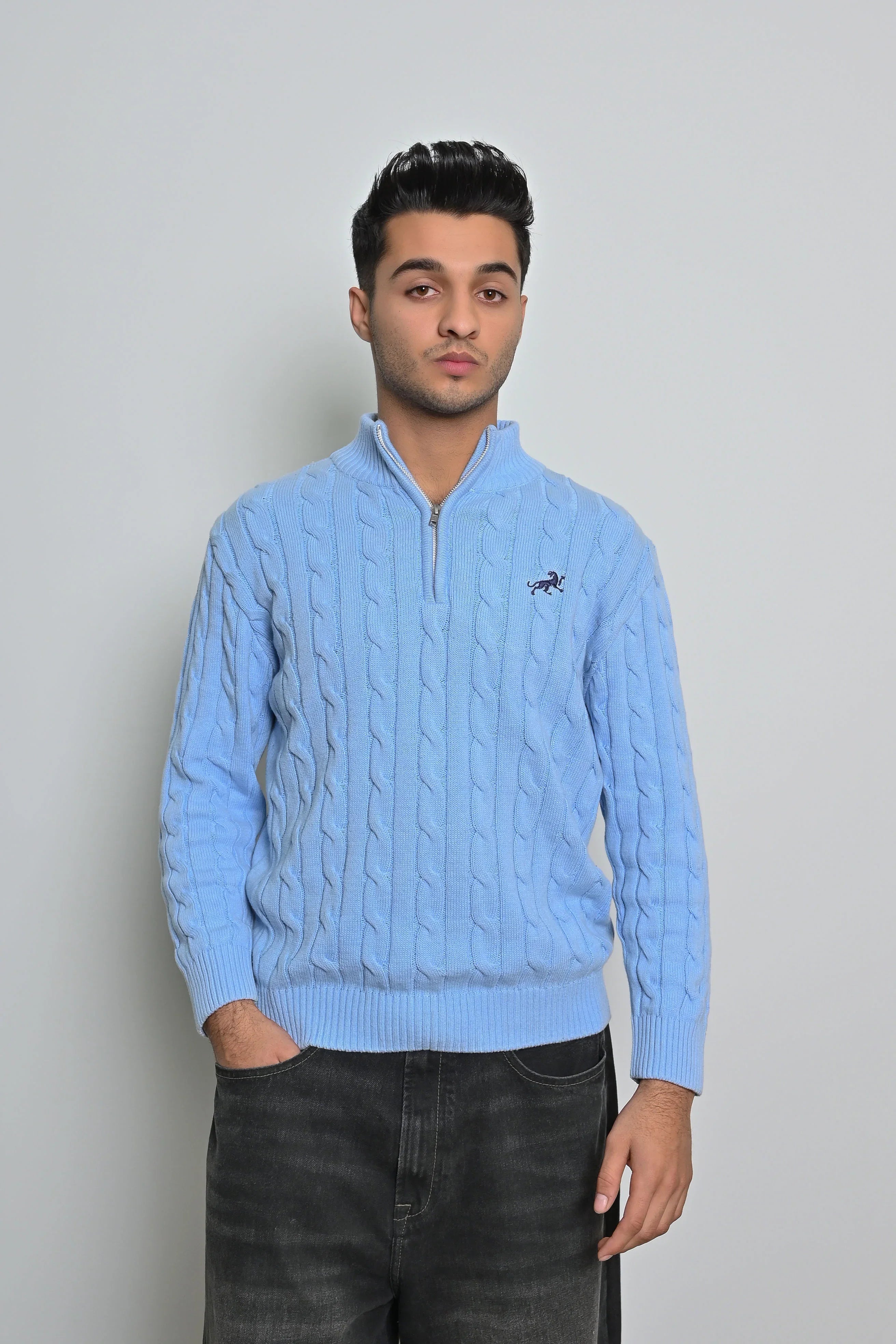 Light Blue Cable-Knit Quarter-Zip Sweater - MAERIS