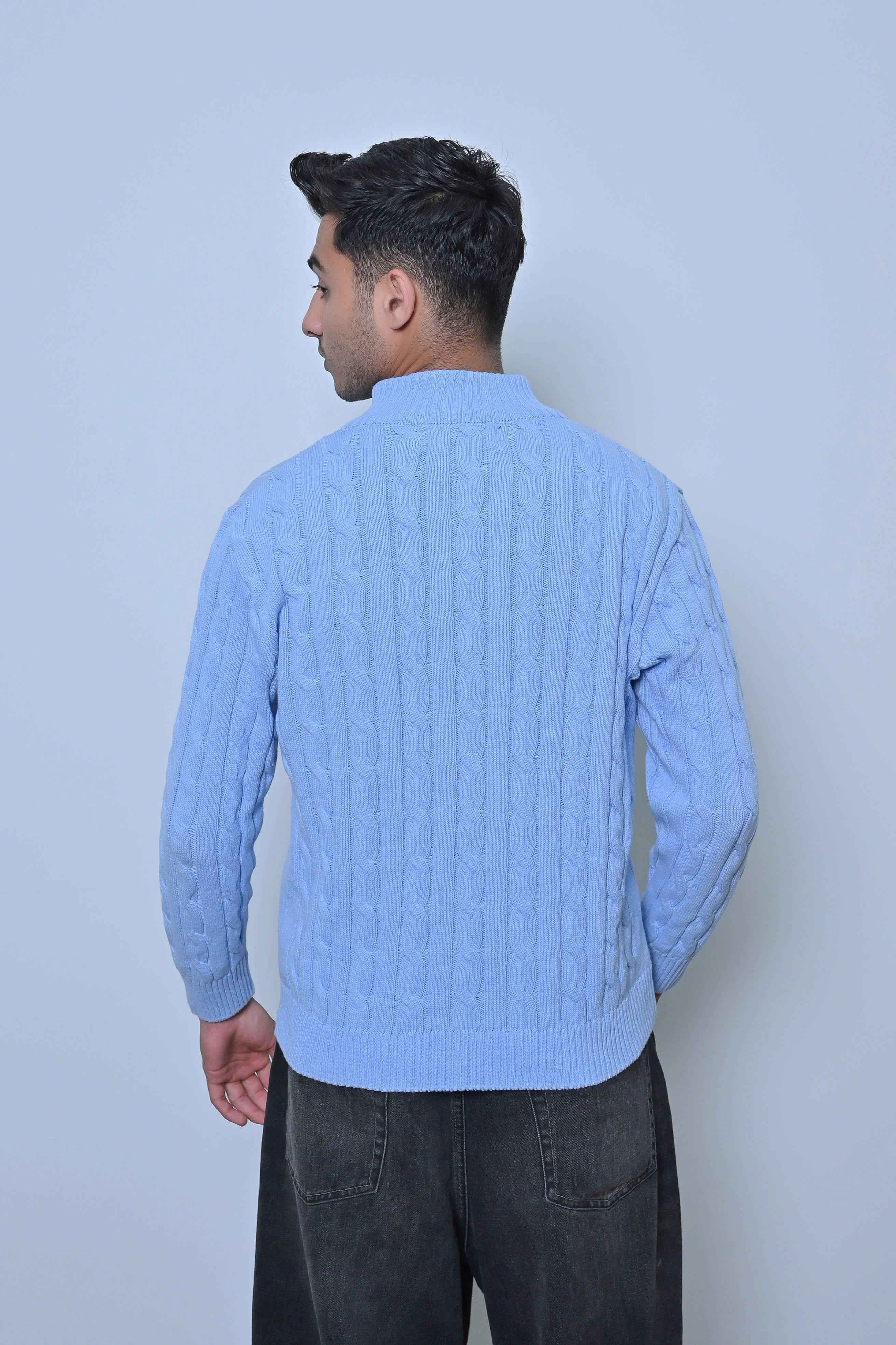 Light Blue Cable-Knit Quarter-Zip Sweater - MAERIS