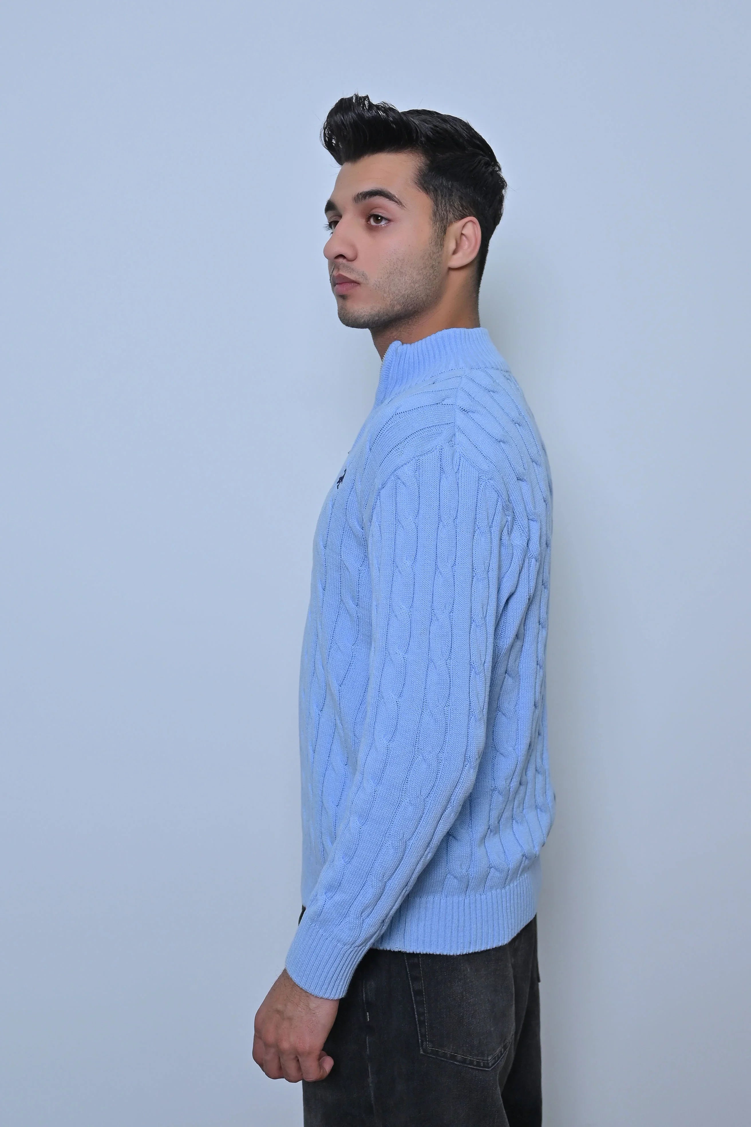 Light Blue Cable-Knit Quarter-Zip Sweater - MAERIS