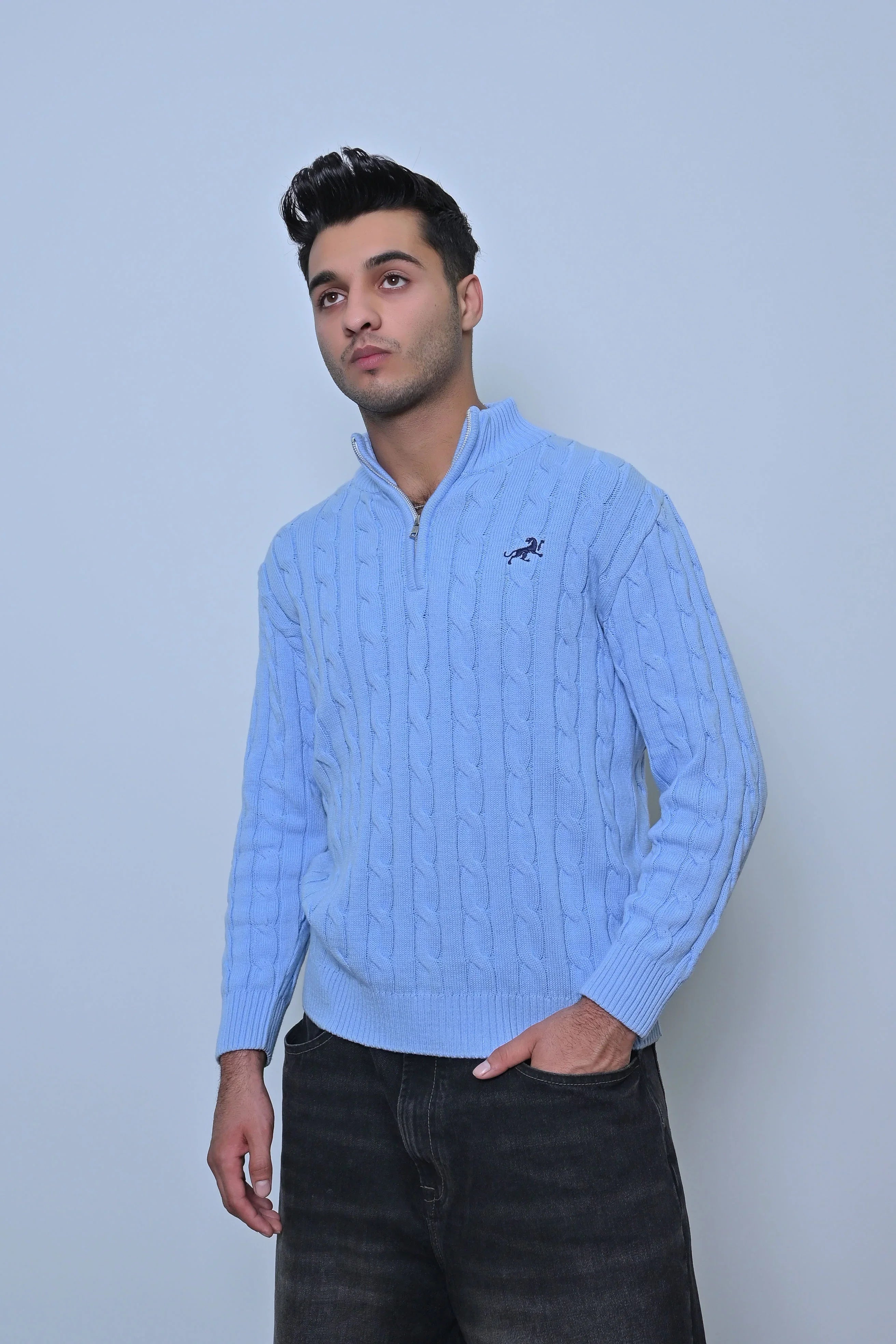 Light Blue Cable-Knit Quarter-Zip Sweater - MAERIS