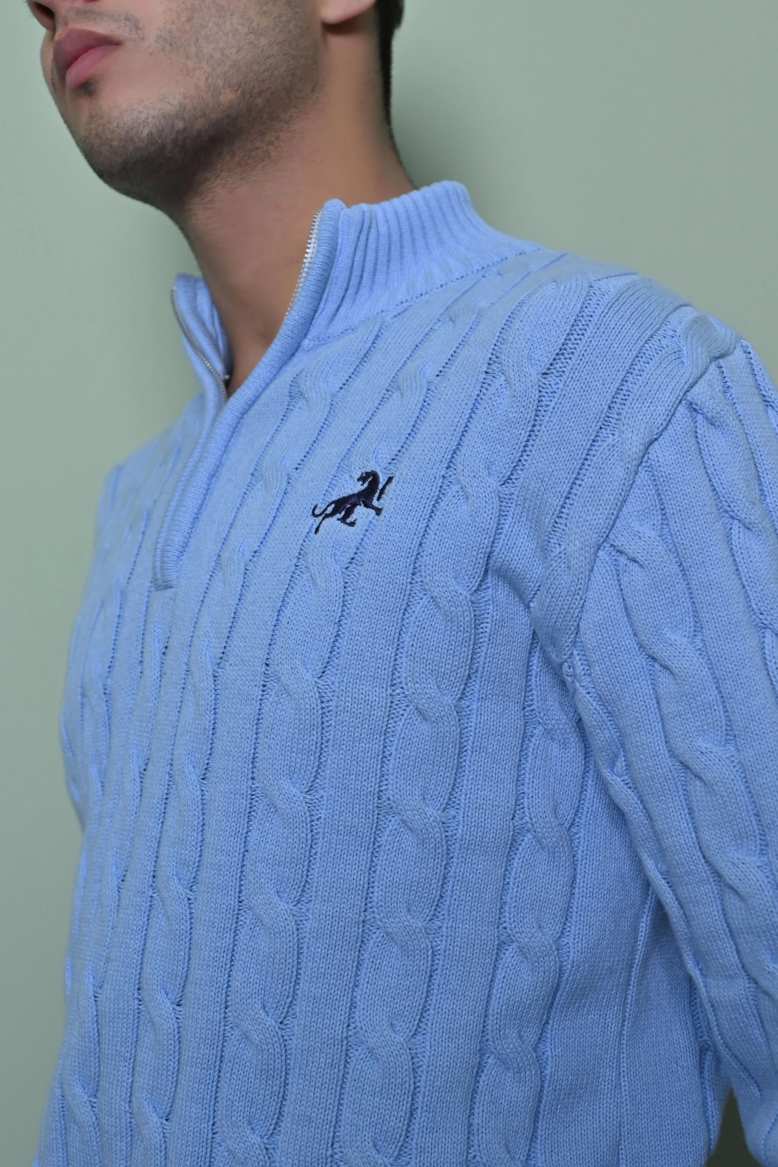 Light Blue Cable-Knit Quarter-Zip Sweater - MAERIS